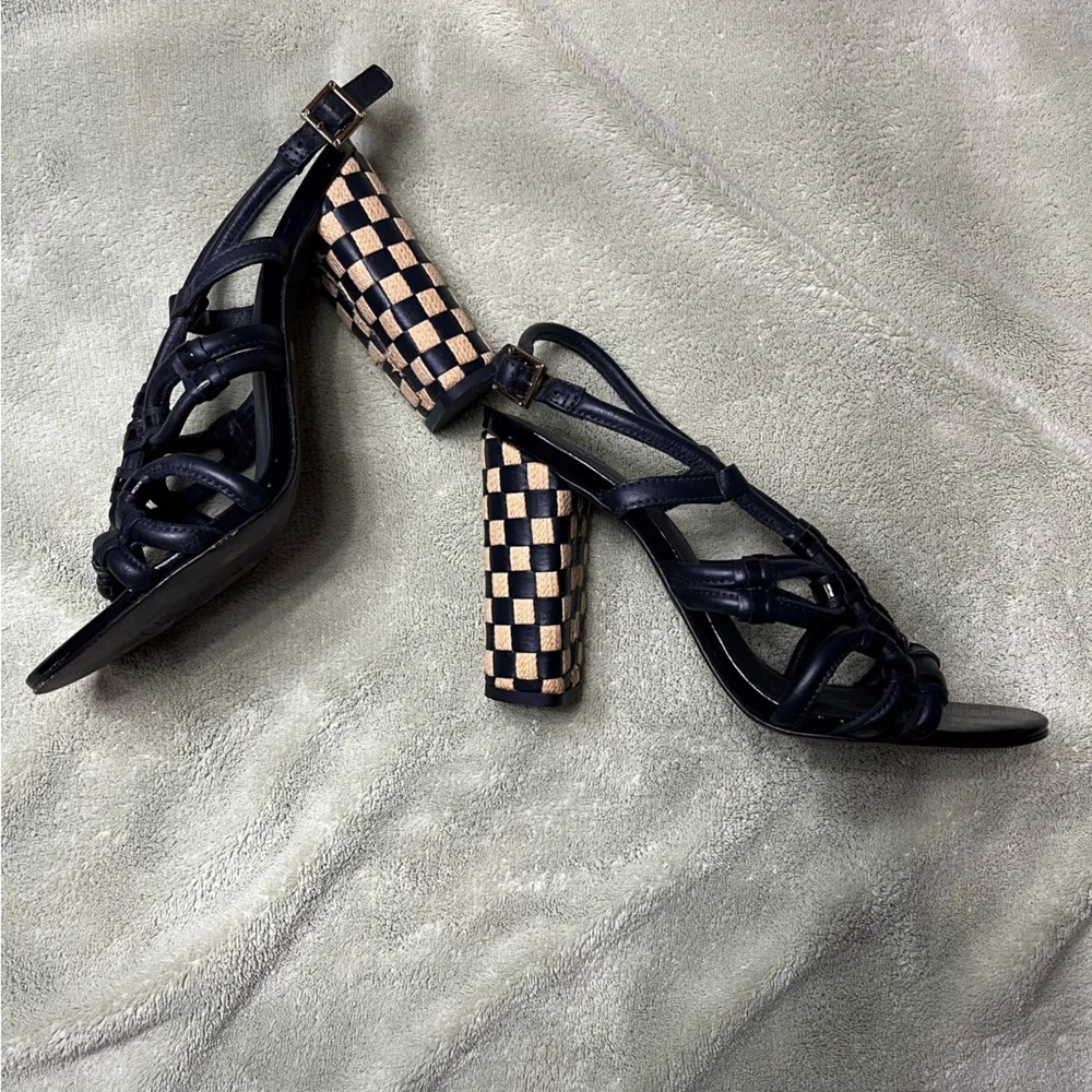 Tory Burch Black and Tan Strappy Block Heels - Picture 4 of 15